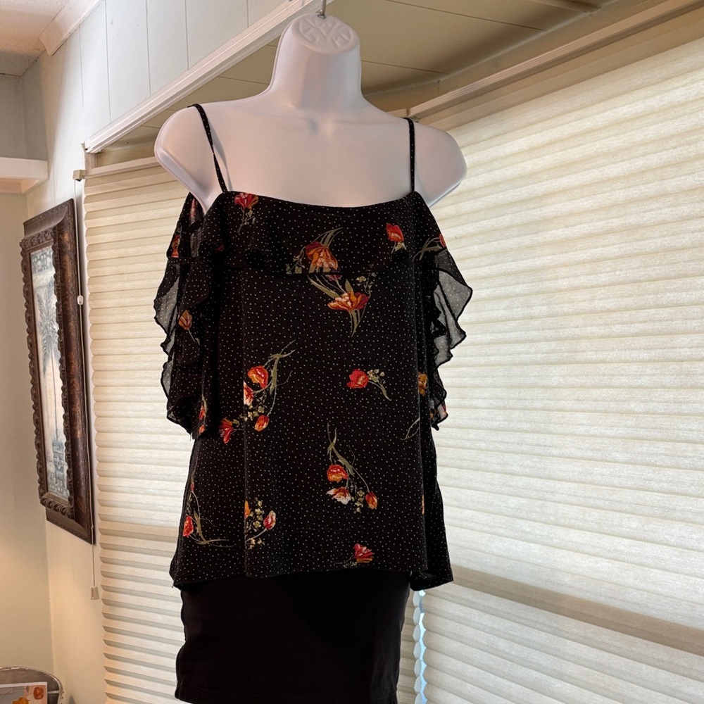 Maurices Black Floral Blouse with Ruffle Sleeves